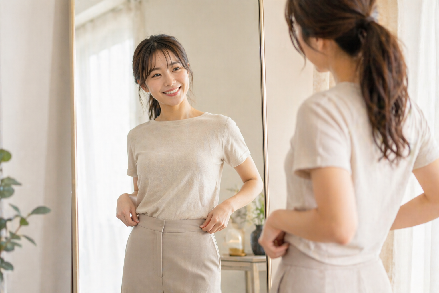 鏡の前で体型の変化を実感する女性